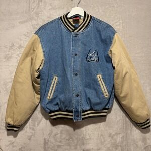 Disney Mickey Mouse Vintage Denim Varsity Bomber Jacket Blue Tan Large Mens